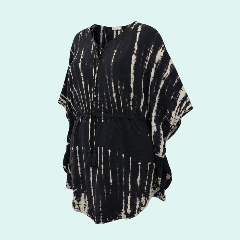 Sheila Simone Women's Black White Tie Dye Kaftan Tunic Drawstring Top